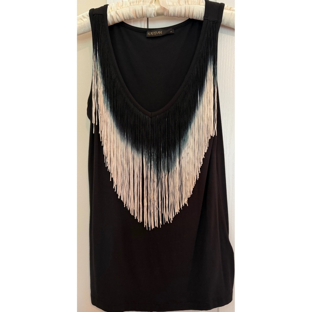 Supertrash Breeze Fringe Tank Top Black Ombre V-Neck Sleeveless CW12F074 XS